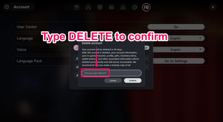 NTE Confirmar eliminación de cuenta