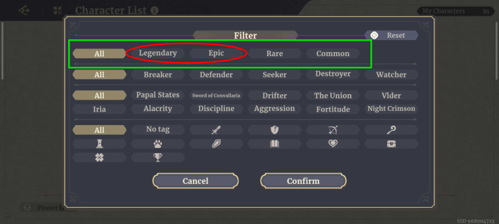 Sword of Convallaria (SoC) - Character Filter