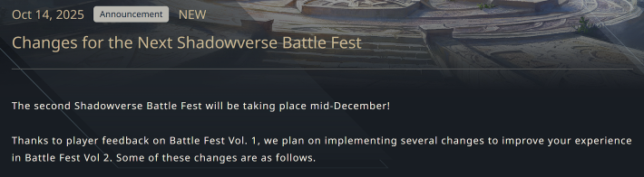 Shadowverse Worlds Beyond Battle Fest Vol 2 Announcement