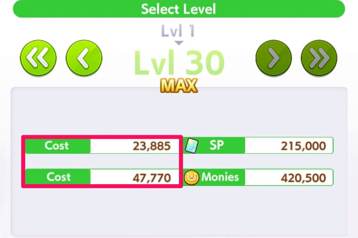 Cost required for Lv30