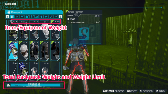 Let It Die Inferno Backpack Weight Limit and Item Weight