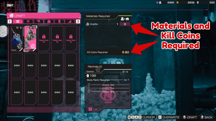 Let It Die Inferno Crafting Screen
