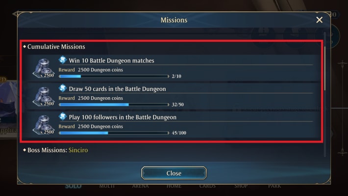 Shadowverse Worlds Beyond Battle Dungeon Cumulative Mission Rewards