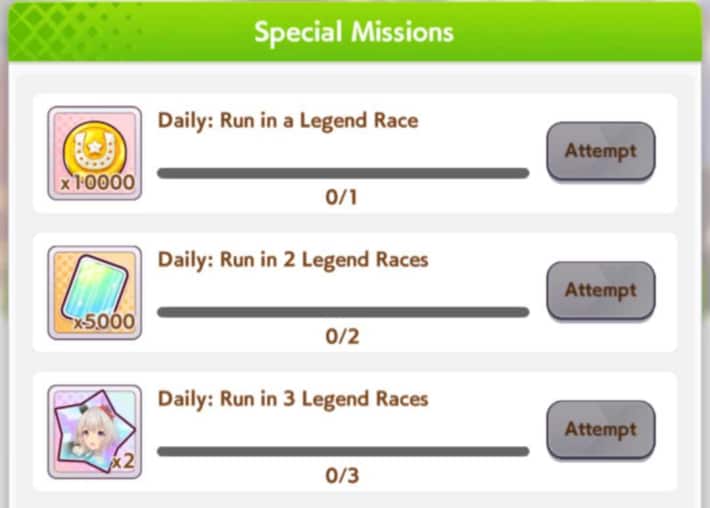 Legend Race Special Missions List and Rewards