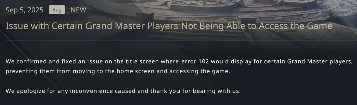 Grand Master Players Error 102