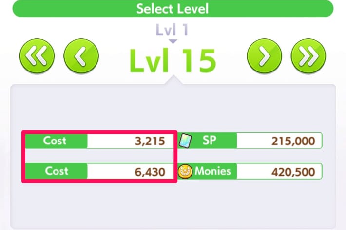 Cost required for Lv15