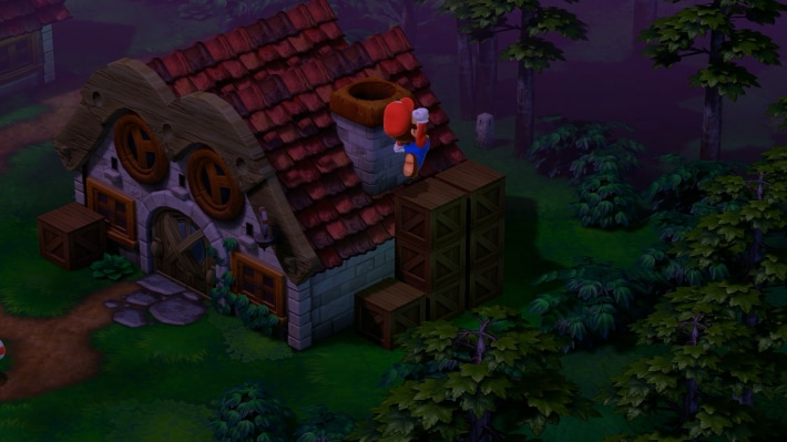 Climb the wooden boxes next to the item shop